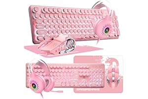 LEXONELEC K620 Wired 4-in-1-Gaming-Tastatur-Maus-Kopfhörer Set, Semi-Mechanical QWERTY 100% Tastatur mit White LED Backlit + Optische 2400-DPI-Maus + RGB Gaming Headset mit Mikrofon + Mäusepad für PC/MAC - Rosa