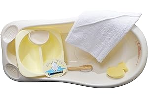 Dealberry Baby Bathing Set 6-Piece Set Baby Bath, Top and Tail, Hooded Towel, Duck Sponge, Room Thermometer and Winnie The Pooh Brush