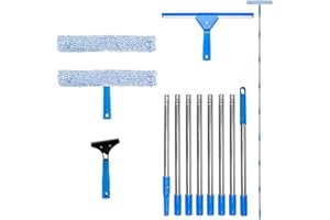 SUZMEI 3M Telescopic Window Cleaning Kit - Extendable Pole with 35cm Squeegee & 38cm Scrubber for Windows, Shower Glass, Car, RV,Glass Cleaning Tools with Silicone Squeegee & Microfiber Scrubber (Blue)