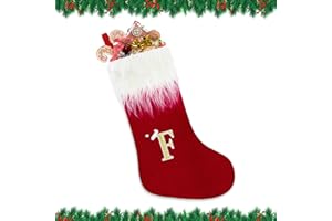 Alederways Christmas Stockings, 22" Red Monogram Knitted Xmas Personalized Embroidered Stockings, Knitted Velvet Xmas Stockings Red Fireplace Hanging Socks for Xmas Gift Christmas Decor (F)