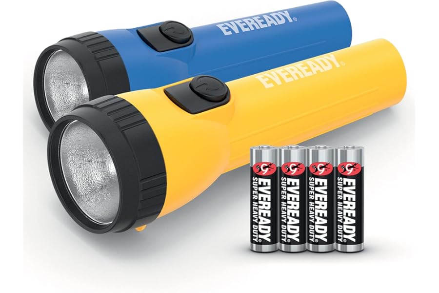 Energizer Eveready LED Torch Pack of 2, Super Bright Flashlight, Water Resistant, Perfect for Camping , Outdoors & Emergency Light, Pack of 2, 4 AA Batteries Included, Blue/Yellow