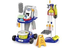 Sotodik Trousse de Nettoyage pour Enfants, Chariot Menage Enfant, Aspirateur Enfant Jouet, pour Les Tout Petits avec Balai Vadrouille Plumeau Pelle Brosses Chiffon,Jouets De Nettoyage Cadeau (Bleu)