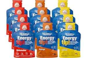 VICTORY ENDURANCE PACK 12x40g Energy Up Gel sin Cafeína - 4 x 3 sabores (Naranja, Sandía, Limón). Energía rápida. Alto en Carbohidratos (ratio 2:1:1). Con Extra de Sodio. Fácil de tomar. Sin Gluten.
