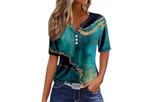 KANPOLA DAMEN SWEATSHIRTS Kanpola Bluse Damen Elegant V-Ausschnitt T-Shirt Mode Bunte Drucken Lose Kurzarm Sommeroberteile Knopfleiste Tunika Tops Frauen Hemdbluse Freizeit Strand Oberteile Sommershirts
