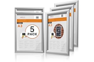 Deflecto Pk 5 x A3 Snap Frame Silver - Aluminium Clip Frames - Wall Mount Picture Frames - Posters Display Holder - Front Opening Picture Frame Clips
