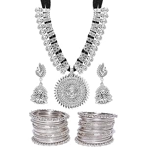 YouBella Jewellery Sets for Women Silver Plated Afghani Tribal Necklace Jewellery set with Earrings and Bangles Combo For Girls/Women