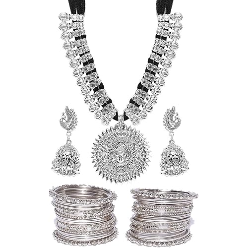 YouBella Jewellery Sets for Women Silver Plated Afghani Tribal Necklace Jewellery set with Earrings and Bangles Combo For Girls/Women