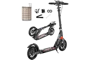 ‎BUEUWE Bueuwe Big Wheel Scooter Tretroller Erwachsene 150 kg Tragkraft, City Roller für Erwachsene, Roller Kinder 10 Jahre, Cityroller mit Handbremse und Stoßdämpfer, 4 Höhenverstellbar, Schwarz