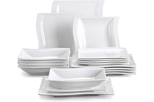 MALACASA Série Flora 18 pièces Assiettes Service de Table Porcelaine Vaisselles 6 Assiette Plate, 6 Assiette Creuse et 6 Assiettes à Dessert pour 6 Personnes Blanc Crème