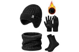 Voqeen Mens Winter Hat Scarf Gloves Set 4PCS Fleece Lined Thermal Knitted Cold Weather Sets Unisex Beanie Hat with Earmuffs Circle Neck Warmer Touchscreen Gloves Socks Warm Gifts Sets Outdoor Sports