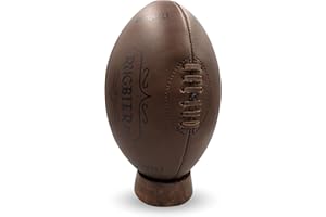RUGBIER – Balón de Rugby Vintage de Piel + tee de Madera - Talla 5 - Regalo Decorativo de Coleccionista para Aficionados y Jugadores - Diseño Tradicional en Marrón Oscuro