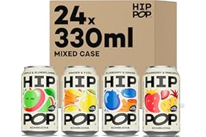 Hip Pop Real Fruit Kombucha Mixed Flavours, 24 x 330ml, 100% Natural, No Sweeteners, Low Calorie, Vegan, Gut-Friendly Sparkling Drink