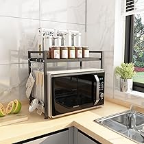 Scaffale Per Microonde A 3 Livelli - Allungabile, Nero, Con 6 Ganci - Foto 3