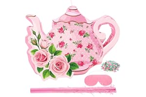 Aoriher 4 Pieces Tea Party Pinatas Flower Themed Party Decorations Teapot Small Pinata Bundle with a Blindfold, Stick and Confetti Tea Cup Party Supplies Favors for Kids Girls Birthday Party (Teapot)