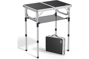 Anbte Folding Camping Table with Storage Net, 3 Adjustable Heights Aluminum Picnic Table, 2ft Portable Table Waterproof Lightweight, for Outdoor Indoor Garden Beach Backyard, 60cm x 40cm, black