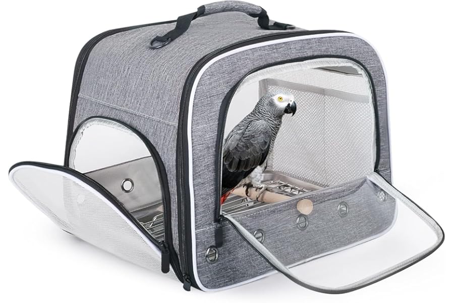 Bird Carry Carrier to Transport Large Size Parrot, Portable Bag with Metal Tray and Grid for Medium and Large Birds Like African Grey, Long Tail Cockatiel and Parrot (Grey, L)
