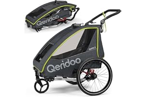 ‎QERIDOO Qeridoo QUPA 2 Lime | Fahrradanhänger 2 Kinder | Kinder Fahrradanhänger mit Blattfederung & Handparkbremse | Jogger Kinderwagen | Kinderfahrradanhänger klappbar | Fahrrad Anhänger
