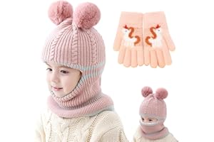 TYXHXTF Winter Warm Hat Kid, Double Pompom Hat, Fleece Lined Winter Beanie Hats, Winter Hats for Kids, Baby Earflap Hat and Scarf Set, Balaclava Skiing Cap for 3-8 Years Old Kids(Pink)
