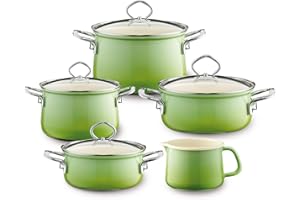 Riess 0584-036 5-częściowy zestaw garnków SMARAGD składający się z 2 x garnka do mięsa ze szklaną pokrywką (16 i 20 cm), 2 x rondel ze szklaną pokrywką (16 i 20 cm) i garnka z dzióbkiem 12 cm