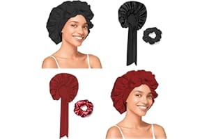 VOLTICORE 2er Set Seidenhaube zum Schlafen mit 2 Haargummis - Verstellbare Satin Haarhaube mit Elastikbund - Schlafhaube Seide Weicher Haarschutz Nachts für Locken & Lange Haare, Duschhauben