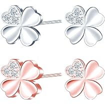 3 Paia Di Orecchini A Perno Con Quadrifoglio Portafortuna – In Argento 925 Placcato Oro 18k, Ipoallergenici, Misure 6/8/10 Mm, Colore Bianco