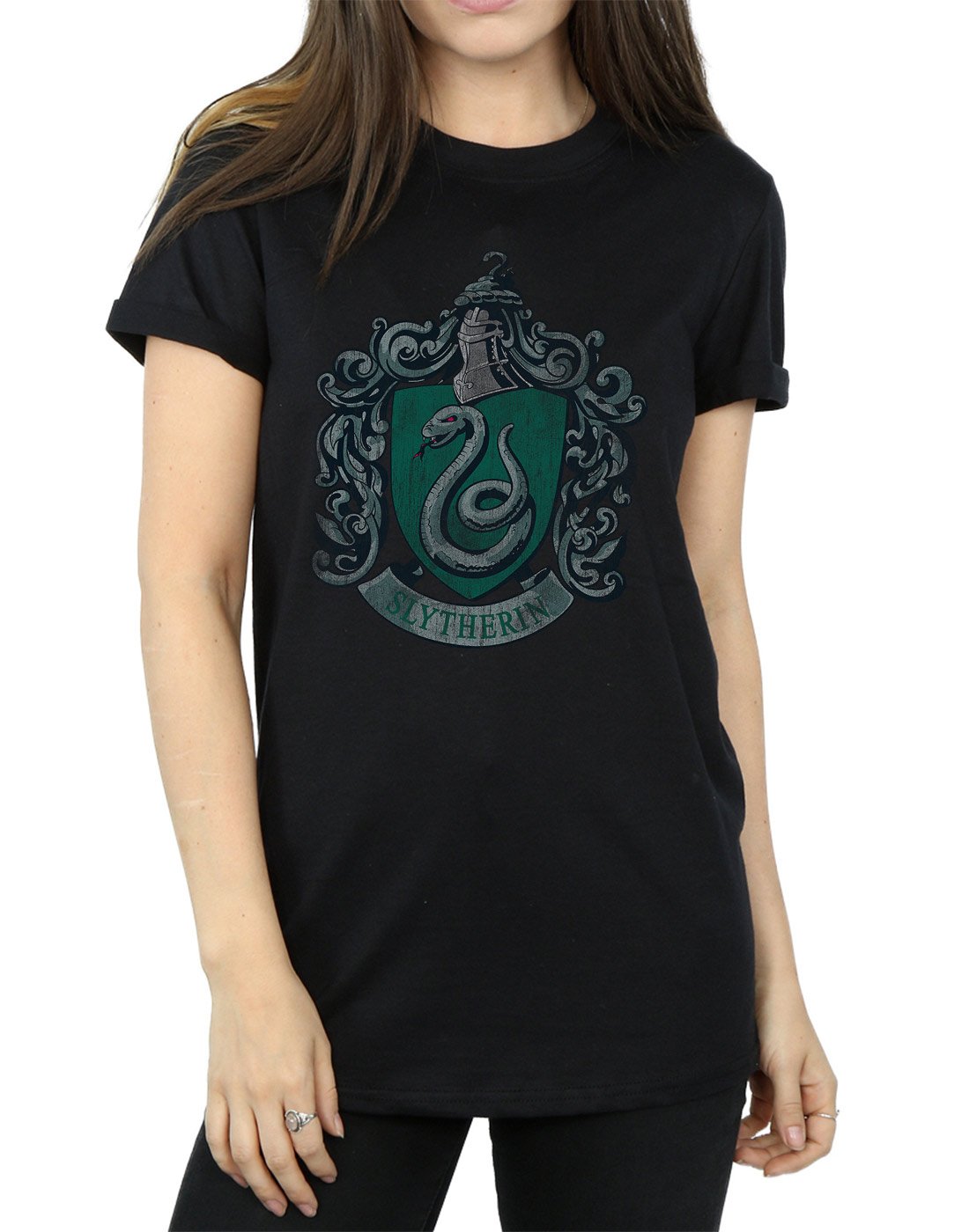 HARRY-POTTER-Damen-Slytherin-Distressed-Crest-Boyfriend-Fit-T-Shirt-Medium-Schwarz