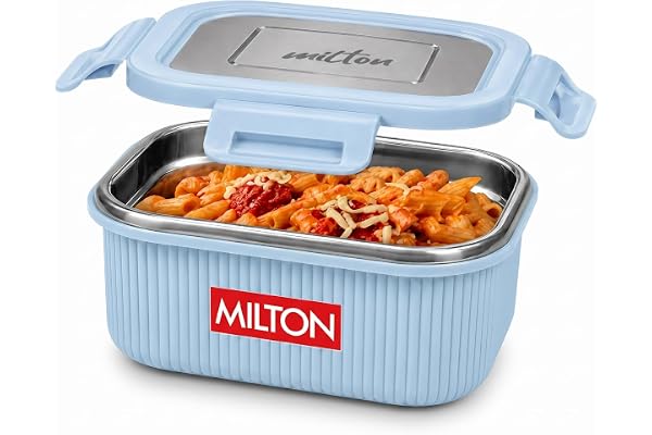 MILTON Cool Touch Square 400 Microwave Safe Stainless Steel Container, 380 ml, Blue, Food Grade, BPA Free, Refrigerator Safe, Odour Free
