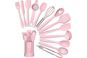 TERLULU Set di utensili da cucina, 14 pezzi, in silicone, resistenti al calore, con porta utensili, set di utensili da cucina, lavabili in lavastoviglie, colore: rosa