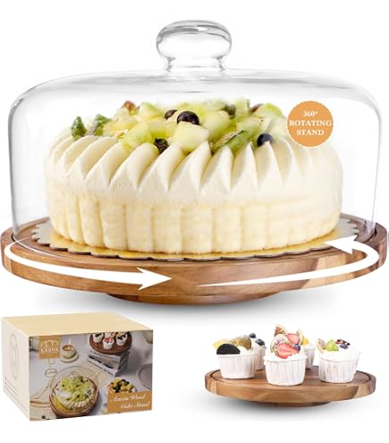 Porta Torta Con Cupola In Acrilico E Base In Legno Di Acacia - Piatto Rimovibile Per Dessert, Festa Compleanno - 4