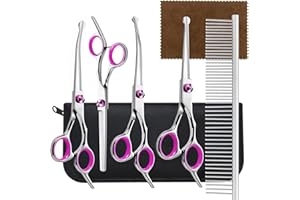 SUPERFA 6 in 1 Dog Grooming Scissors, 4CR Stainless Steel Professional Dog Scissors Set with Curved Thinning for Small Medium Large Pet