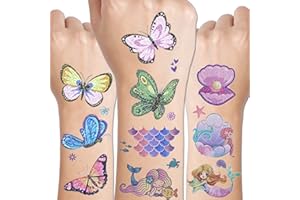 CHARLENT Tatuaggi Glitter a Tema Farfalla e Sirena per Ragazze - 24 Fogli di Tatuaggi Temporanei Glitterati a Tema Farfalla e Sirena per Feste di Compleanno