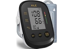 AILE Misuratore Pressione da Braccio, Automatico Sfigmomanometro Digitale con Indicatore di Rischio, Misuratore di Pressione da Bracciale Grande (22-42cm) con 2x99 Posizioni Di Memoria (Nero)