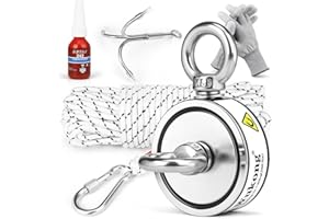 Wukong Magnet Fishing Kit,130kg(286lb) Strong Pull, Double Sided Magnet Fishing with Rope, Hook, Gloves & Threadlocker, Round Neodymium Magnets for Underwater Heavy Items Salvage in River