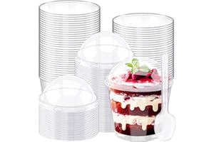 Feelhap 50 Vasitos de Plástico para Postres Con Tapa y Cucharas - Tazas Reutilizables para Aperitivos - Recipientes para Fiestas y Buffets