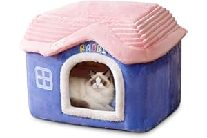 ALLSOPETS Warm Indoor Dog Cat House, Foldable Pet Cave Bed with Removable Cushion, Washable Soft Kennel for Puppies, Kittens and Small Pets (Blue, L)