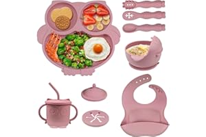 Hovineumoo Set Pappa Svezzamento Bambini Silicone, 9 Pezzi Set Svezzamento Silicone Piatto con Ventosa Ciotola Cucchiaio Bavaglino, Antiscivolo Bimbo Set Prima Pappa per Bambino