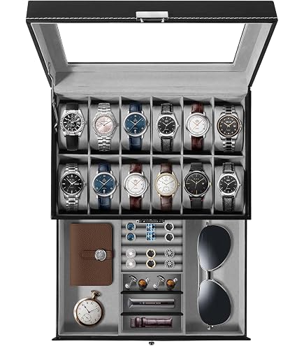 Kukikan Boîte à bijoux pour montres, 6 emplacements, 2 couches de rangement pour montres et lunettes de soleil avec grand couvercle en verre, boîte à bijoux pour homme avec serrure, support de