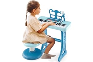 COSTWAY 2 en 1 Piano Numérique à 37 Touches Enfants avec Tabouret & Microphone Réglable, Clavier Electronique Détachable avec Pupitre Amovible, Charge 50kg pour Enfants de 3 Ans+ (Bleu)