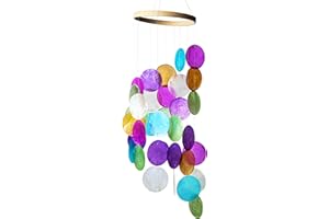 HDCRYSTALGIFTS Carillon à vent en forme de coquillage arc-en-ciel pour intérieur et extérieur, fait à la main, peint à la main, bord de plage coloré, océan, décoration de la maison et du jardin, cadeau commémoratif