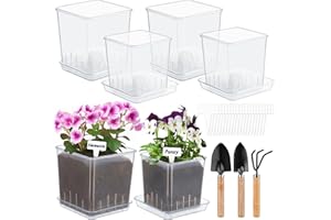 NiHome 6-Pack Clear Acrylic Nursery Pots with Trays & 3 Shovels, 4.1" & 5" Clear Plant Pots for Orchid,Succulents, Flowers, Enhanced Drainage & Ventilation, Transparent for Easy Root Monitoring