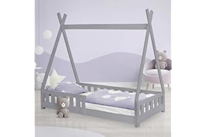 ‎ML DESIGN MODERN LIVING ML-Design Kinderbett Tipi 80x160 cm Hellgrau mit Rausfallschutz und Lattenrost, Kiefernholz, Indianer Bett für Mädchen & Jungen, Hausbett mit Zaun, Bodenbett Kinderhaus Jugendbett Spielbett Zelt