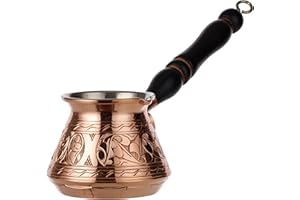 DEMMEX Cezve Ibrik Briki Cafetière en cuivre épais avec poignée et cuillère en bois gravée à la main (cuivre, 24 ml - 3 perles)
