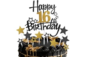 mciskin Black Gold 16th Birthday Cake Topper,16th Birthday Decorations for Boy Girls,Black and Gold Star Cupcake Toppers,Personalised Cake Toppers for Girl Boy Birtdhay Party Decorations