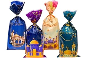 Dunkwckore 100 Stück Geschenktüten Kindergeburtstag, Eid Mubarak Cellophantüten Plastiktüten with 100 Twist Ties Ramazan Geschenktüte Zellophanbeutel, Geschenke Candy Bar Tüten, Ramadan, Süßigkeiten