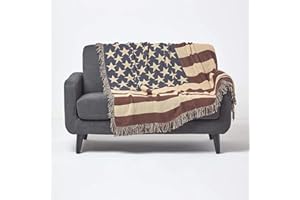 Homescapes 100% bawełna ręcznie tkana flaga Ameryki narzuta 50 x 60 cali / 125 x 150 cm - gwiazdy i paski USA żakardowa sofa fotel narzuta / koc z frędzlami