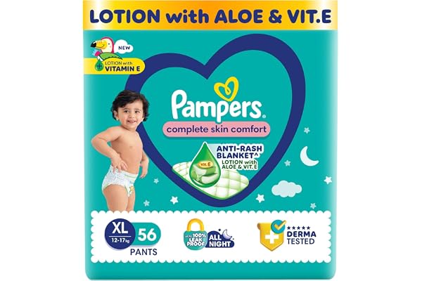 Pampers Complete Skin Comfort Pants, (XL) 56 Count, Anti-rash blanket, Lotion with Vitamin E & Aloe Vera, Extra Large size ba