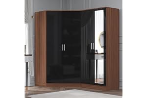 Reflect 2 Piece Wardrobe Bundle | 2 Door Corner + 2 Door Mirror | Black Gloss & Walnut Finish | H: 180cm x W: 179cm x D: 103cm | Modern Bedroom Furniture Storage Solution