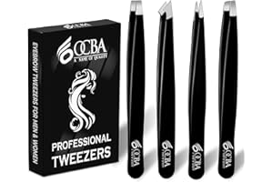 OCBA 4 pièces Pince à épiler les sourcils Pointe améliorée professionnelle avec revêtement antidérapant Pince pour épilation des poils Pince pointue (Noir) (4 Pack Black)