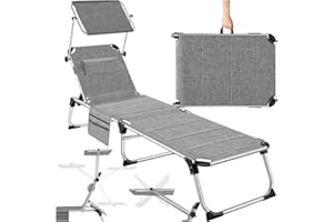 TecTake Chaise longue de plage pliante avec pare-soleil, chaise longue de jardin avec dossier réglable 6 positions, coussin repose-tête amovible et poche latérale - Gris mélangé