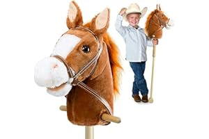 HollyHOME Stick Horse with Wood Wheels Real Pony Neighing and Galloping Sound Plush Hobby Horse Toy, 91cm, Brown (AA Batteries Required)